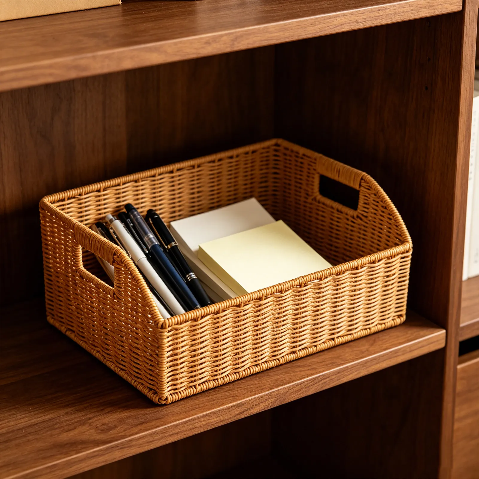

Imitation Rattan Rectangle Storage Basket Slant Opening Desktop Organizer Magazine Holder Office Document Holder Decorative