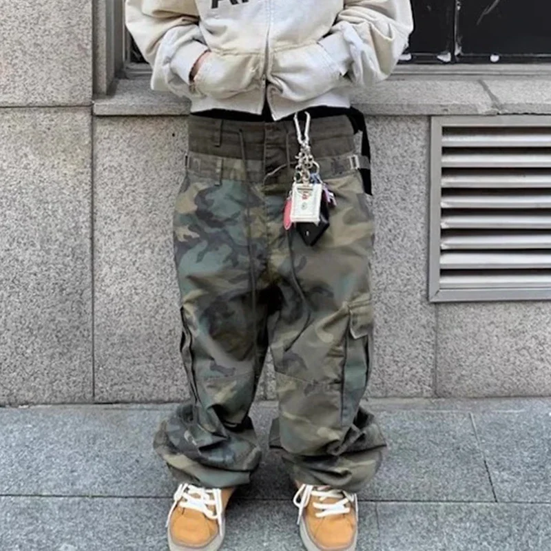 

Three Waisted Camouflage Cargo Pants for Men Streetwear Patchwork Baggy Jeans Wide Leg Casual Loose Denim Trousers Oversized