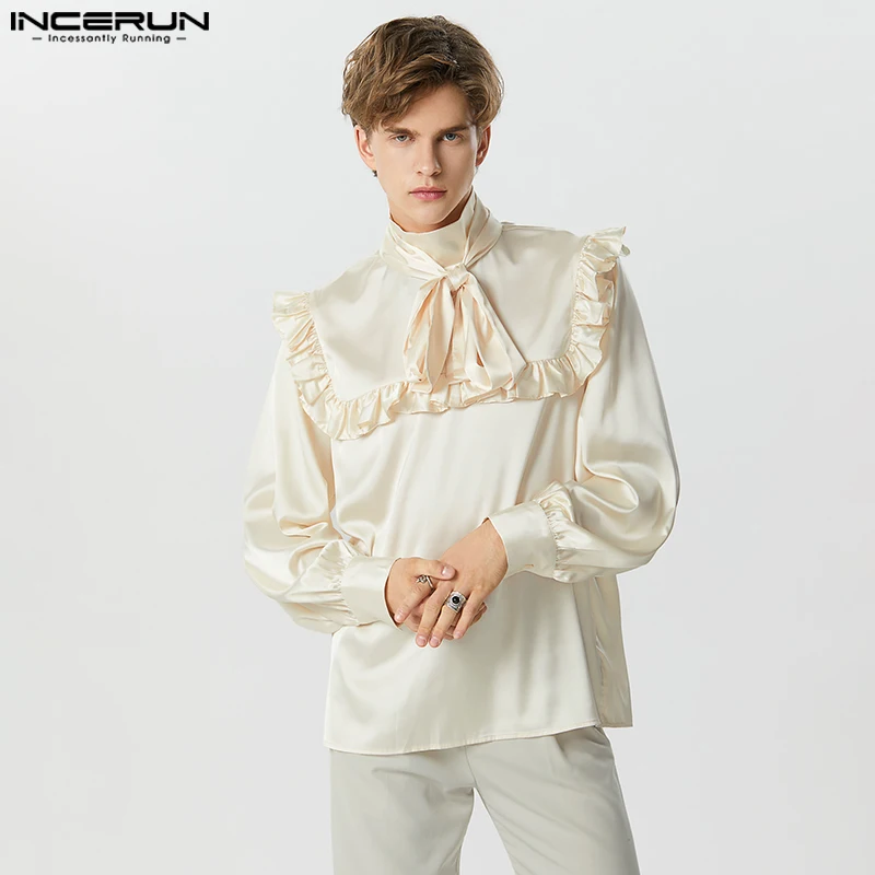 INCERUN Tops 2023 American Style New Men\'s Satin Tie Ruffle Design Shirts Casual Fashion Palace Style Long Sleeved Blouse S-5XL