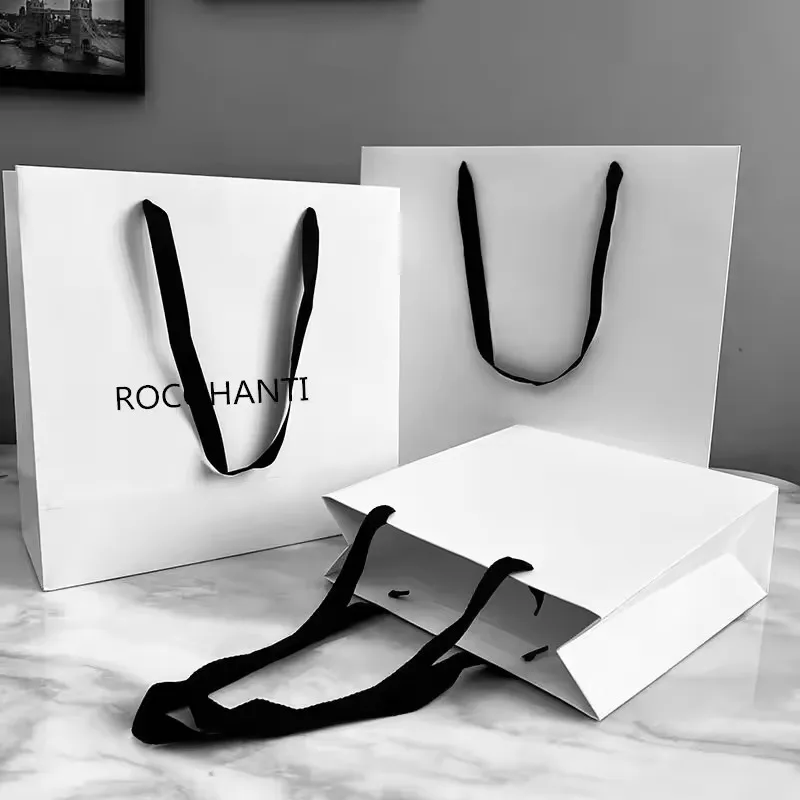 

10pcs white paper gift bags with black handle recyclable paper packaging bags clothing shoe custom shopping paper bag with logo