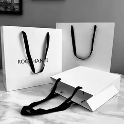 10pcs white paper gift bags with black handle recyclable paper packaging bags clothing shoe custom shopping paper bag with logo