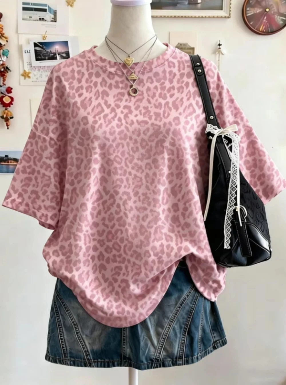 2026 Sommer Y2K Leopardenmuster Lässiges Oversized Rundhals Drop-Shoulder Damen Kurzarm T-Shirt Street Casual Sport-Top – Detail 5
