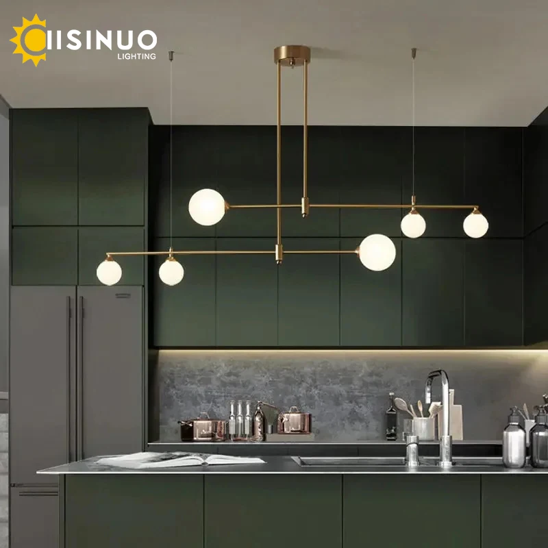 Luces colgantes de latón macizo nórdico, lámpara de grupo de globo lineal estilo crema para cocina, isla, mesa de comedor, accesorios industriales