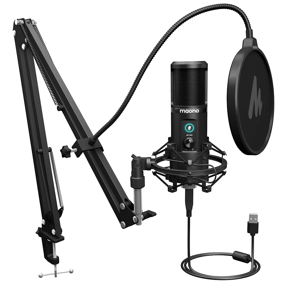 MAONO-Kit de micrófono de Podcast USB totalmente metálico, con ganancia de micrófono y función de silencio para videojuegos, transmisión en vivo, micrófono condensador