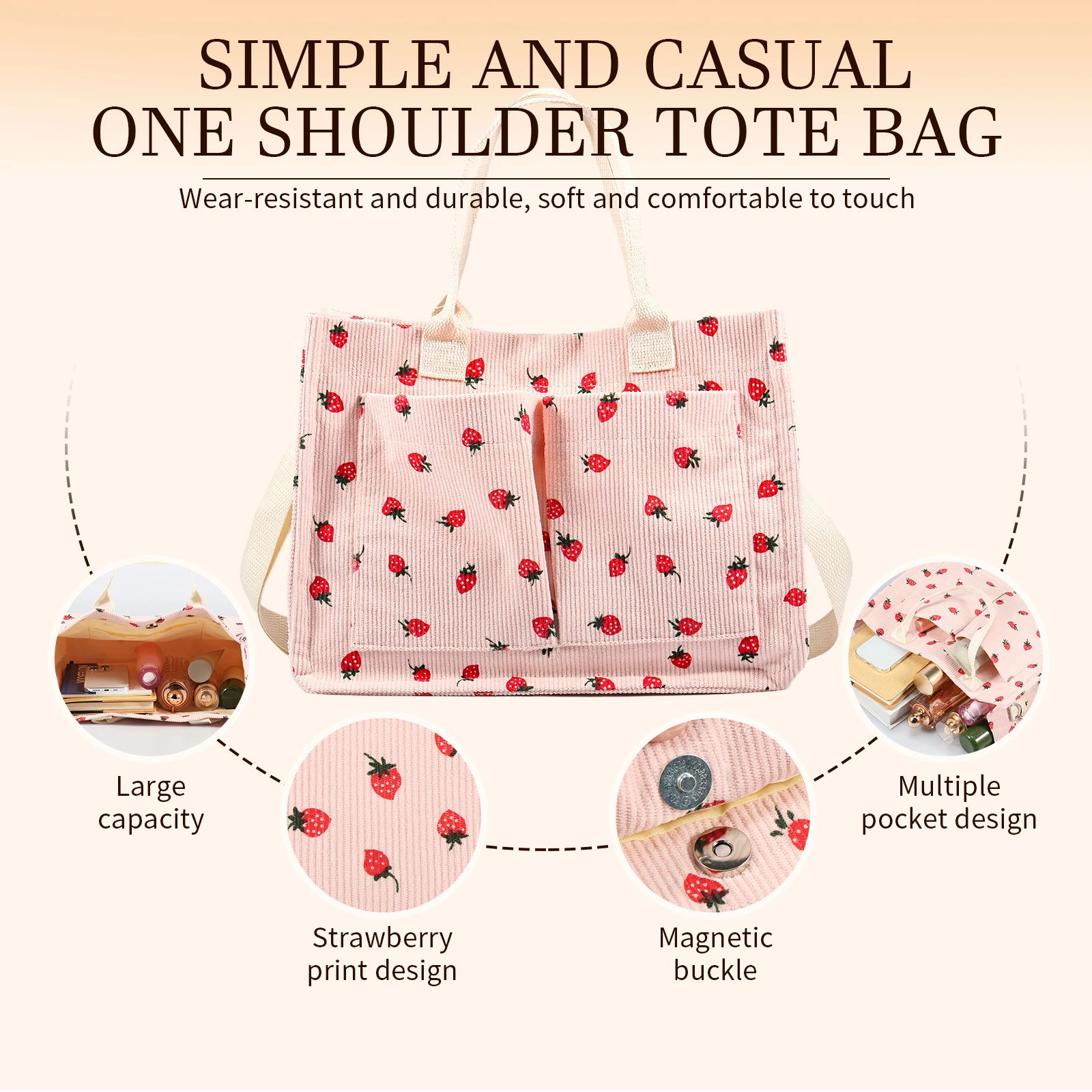 Girls Cute Strawberry Print Tote Bags Casual Fashion Multi-purpose Shoulder Bags Large Capacity Commuter Travel Crossbody Bags