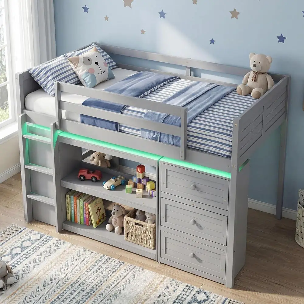 

Twin Size Solid Wood Bed with LED Lights, Storage, Bookcase, and Safety Rail for Kids (Grey)