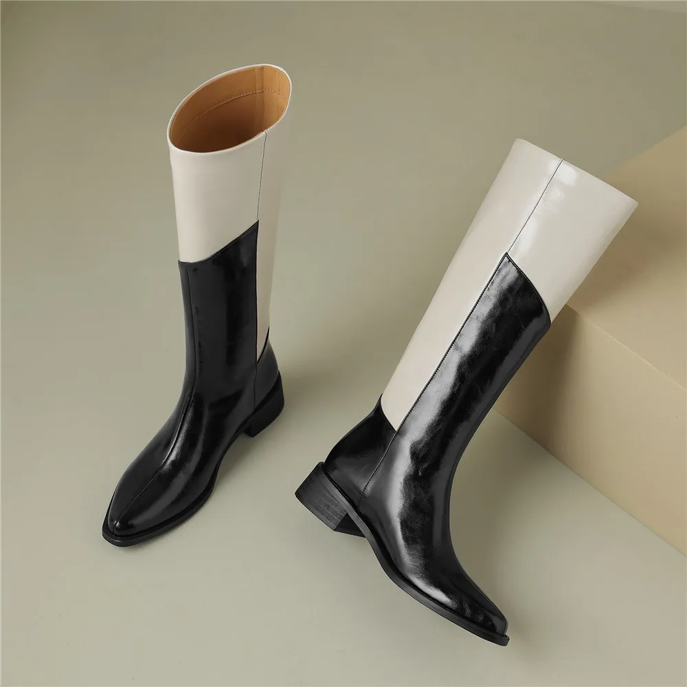 MILI-MIYA New Arrival Mixed Color Women Cow Leather Knee High Boots Thick Heels Classic Round Toe Plus Size 34-42 Handmade