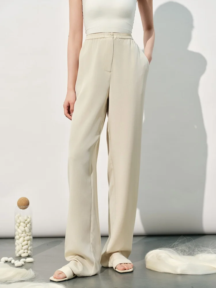Birdtree, 22MM 90% Real Silk 10% Spandex Pants, Women's Heavy Crepe Straight Trousers, Elastic Waist, 2026 Spring New P63017JF