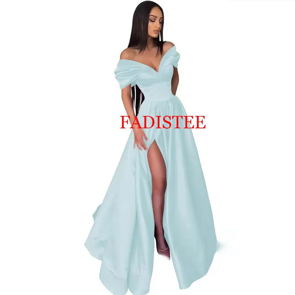 Elegant Pleats Prom Dresses Satin Side Slit Evening Gown Off The Shoulder Party Evening Dress For Woman Formal Robes De Soirée