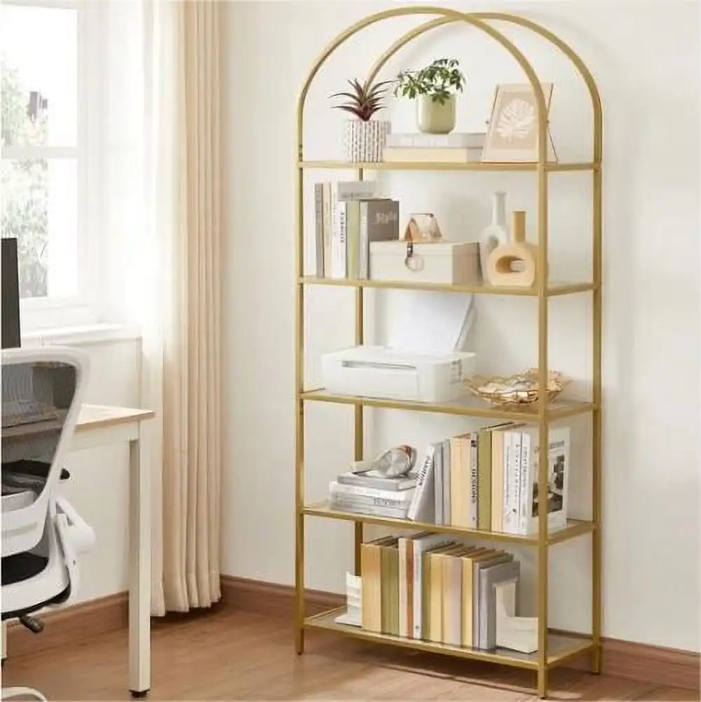 5-Tier Gold Bookshelf Display Storage Shelf  Modern Bookcase with Metal Frame for Bedroom Living Room Golden