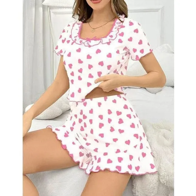 New Summer European American Style Ruffle Heart Print Pajama Set Women Square Neck Short Sleeve Shorts Loungewear XL Size Sleep