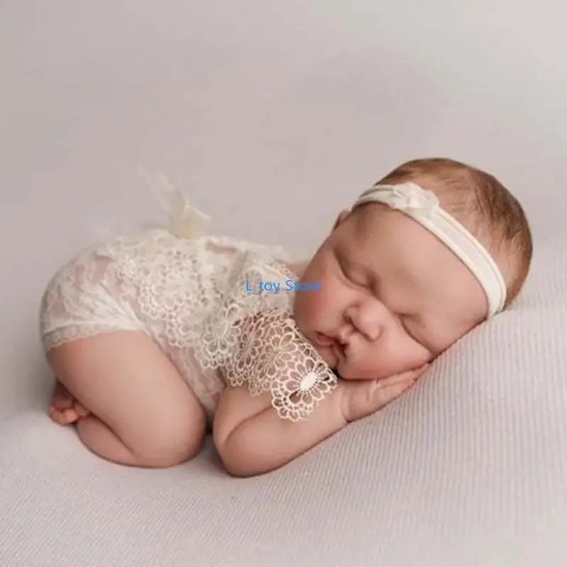 51BA 2 Pcs/Set 0-1Month Newborn Photography Props Baby Crown Headband Lace Hollow out Romper Bodysuits Outfit Girl Costume Photo