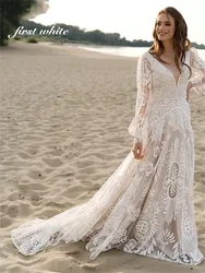 Customized Boho lantern Long Sleeves Lace Allover Elopement Wedding Dress A-Line V-Neck Tassel Boho Beach Modest Bridal Gowns
