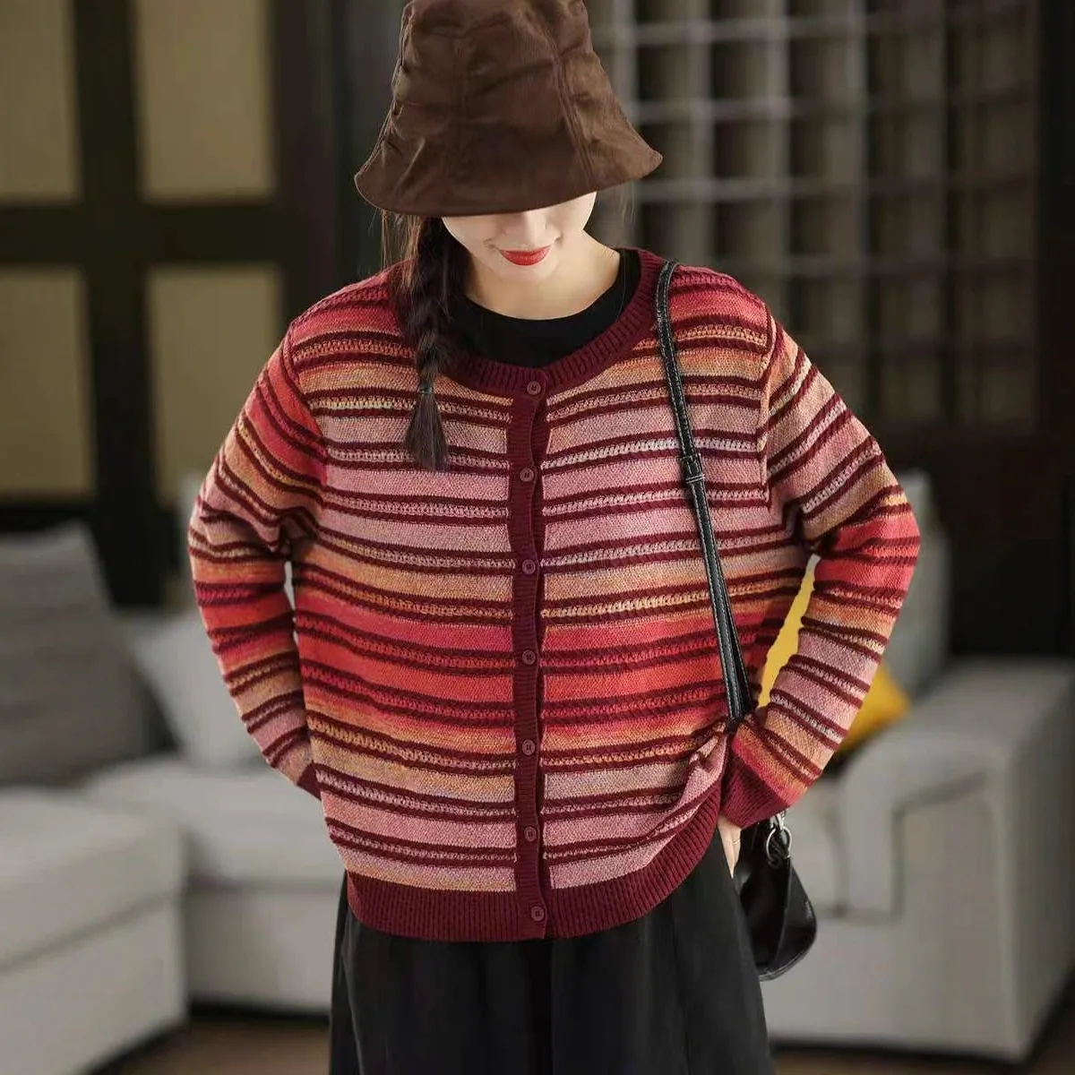 

2025 Autumn Retro Patchwork Cotton Yarn Knitwear Women's Sweater Cardigan with Round Neck Buttons Up Fashion Striped Casual Wear