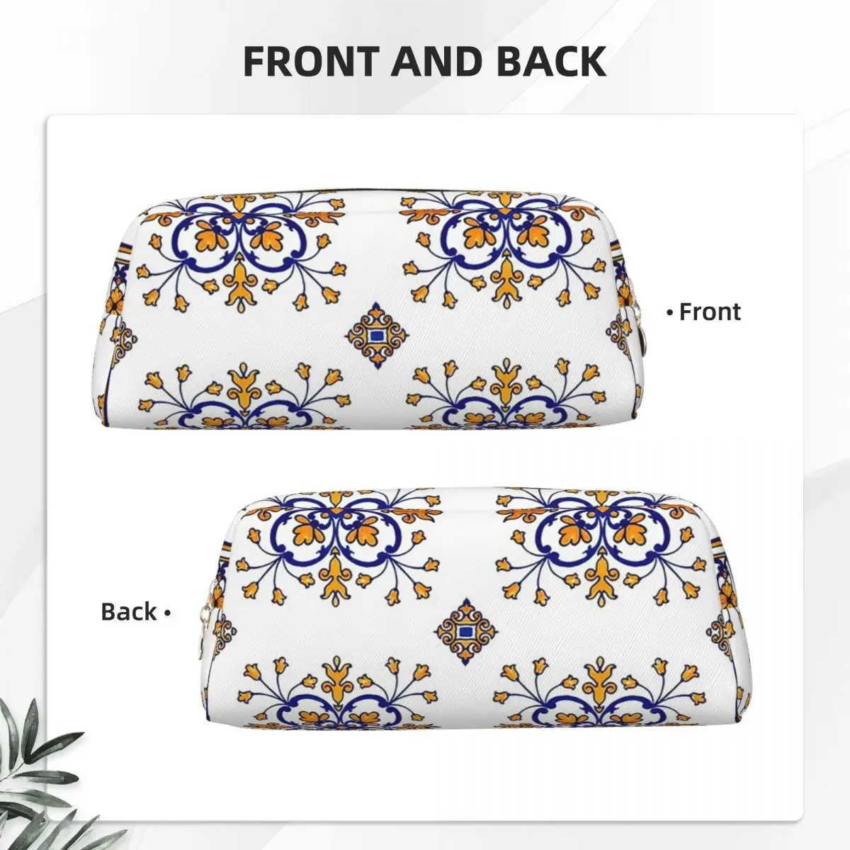 Traditional Portuguese Azulejo Blue Orange Floral Tile Pattern Pencil Case Pencil Pouch Pen Box Pencil Bag for Students Gifts