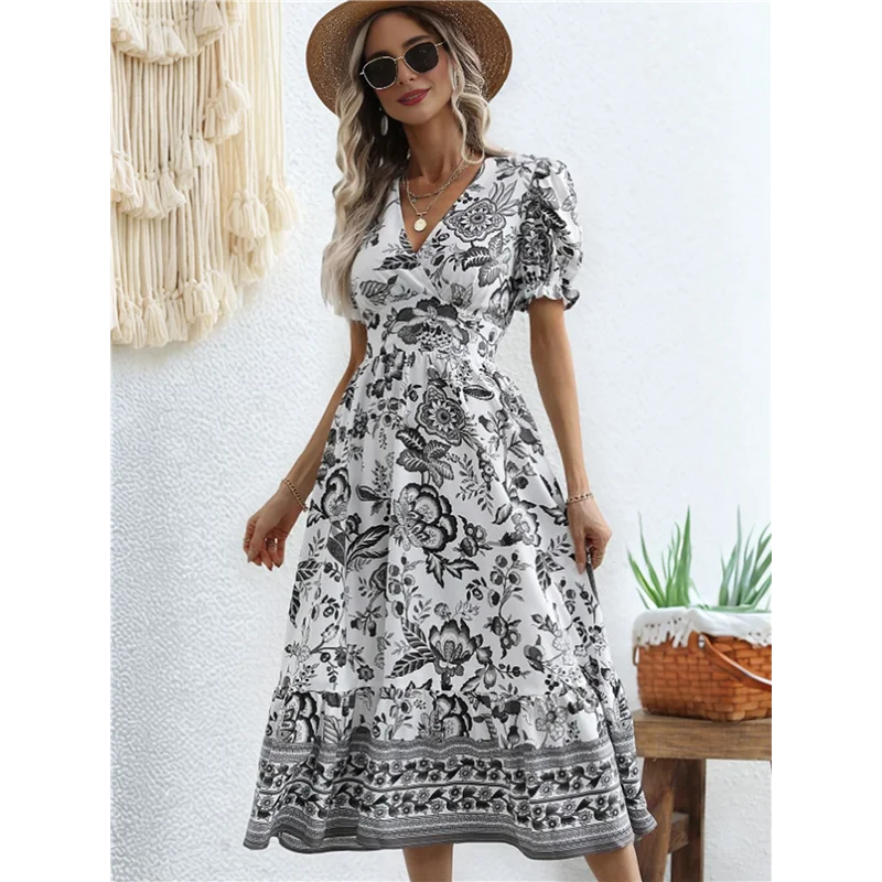 ABRT-Vestito lungo fluido casual da donna con maniche a sbuffo estivo 2025, stampa floreale Boho