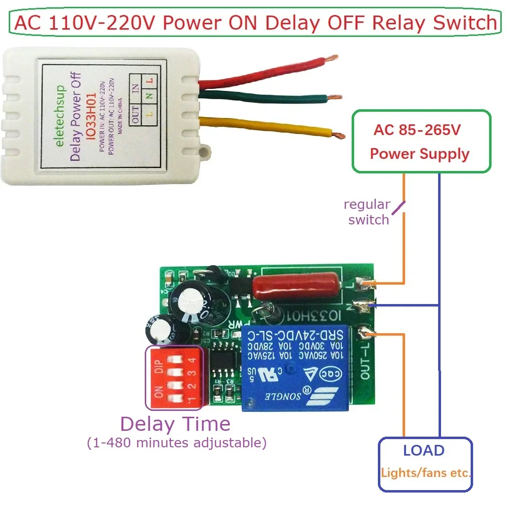 AC 110V 220V Power ON Delay OFF Relay Switch 1-480Min Timer Adjustable Disconnect Delay Controller