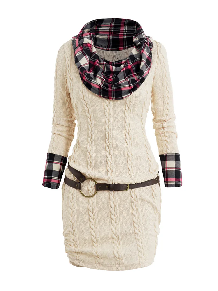 2024 Womens Knitted Dresses Plaid Panel Cable Knit Belted Sweater Dress Cowl Neck Ruched Mini Dress Long Sleeves Fall Dress