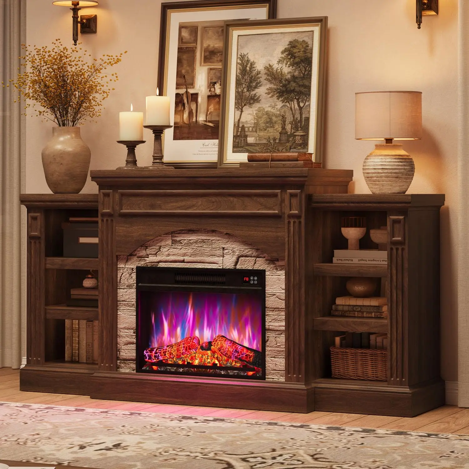 

Тумба под телевизор с электрическим камином и облицовкой для телевизоров до 80 дюймов, высокий деревянный развлекательный центр в стиле фермерского дома, на заказ