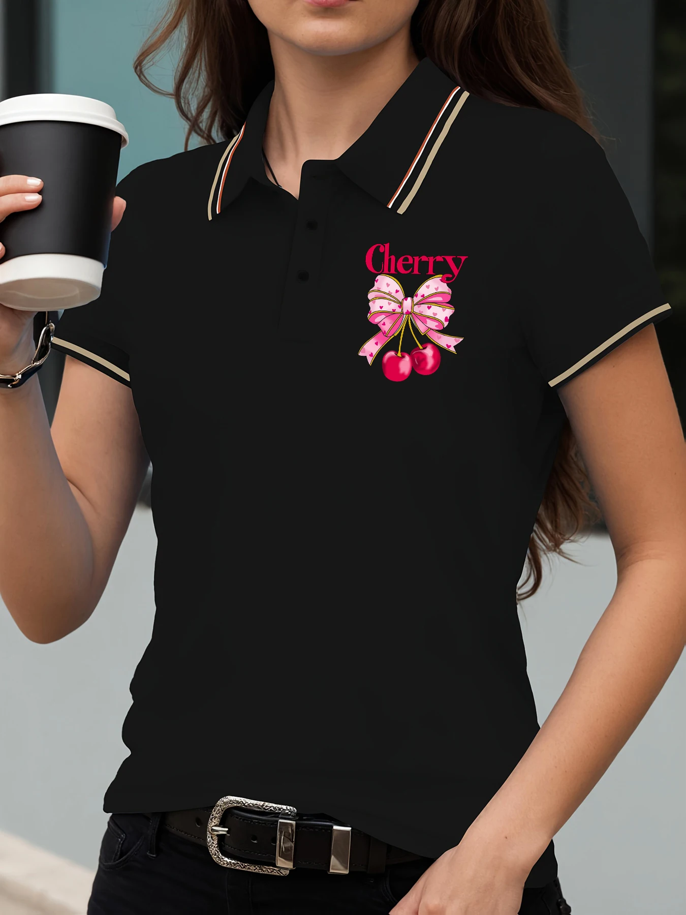 

Pink Bow Cherry Fruit Printed Polo Shirts Women Lapel Y2K T Shirts Comfortable Contrast Short Sleeve All-Match Woman Soft Top