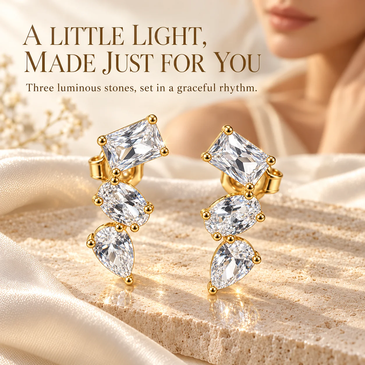 Moonmory Geometrische Drei-Stein-CZ-Ohrstecker für Damen 5A Ovaler Birnen-Zirkon Messing 14K Gold Doppelt Vergoldeter Schmuck Großhandel – Detail 1