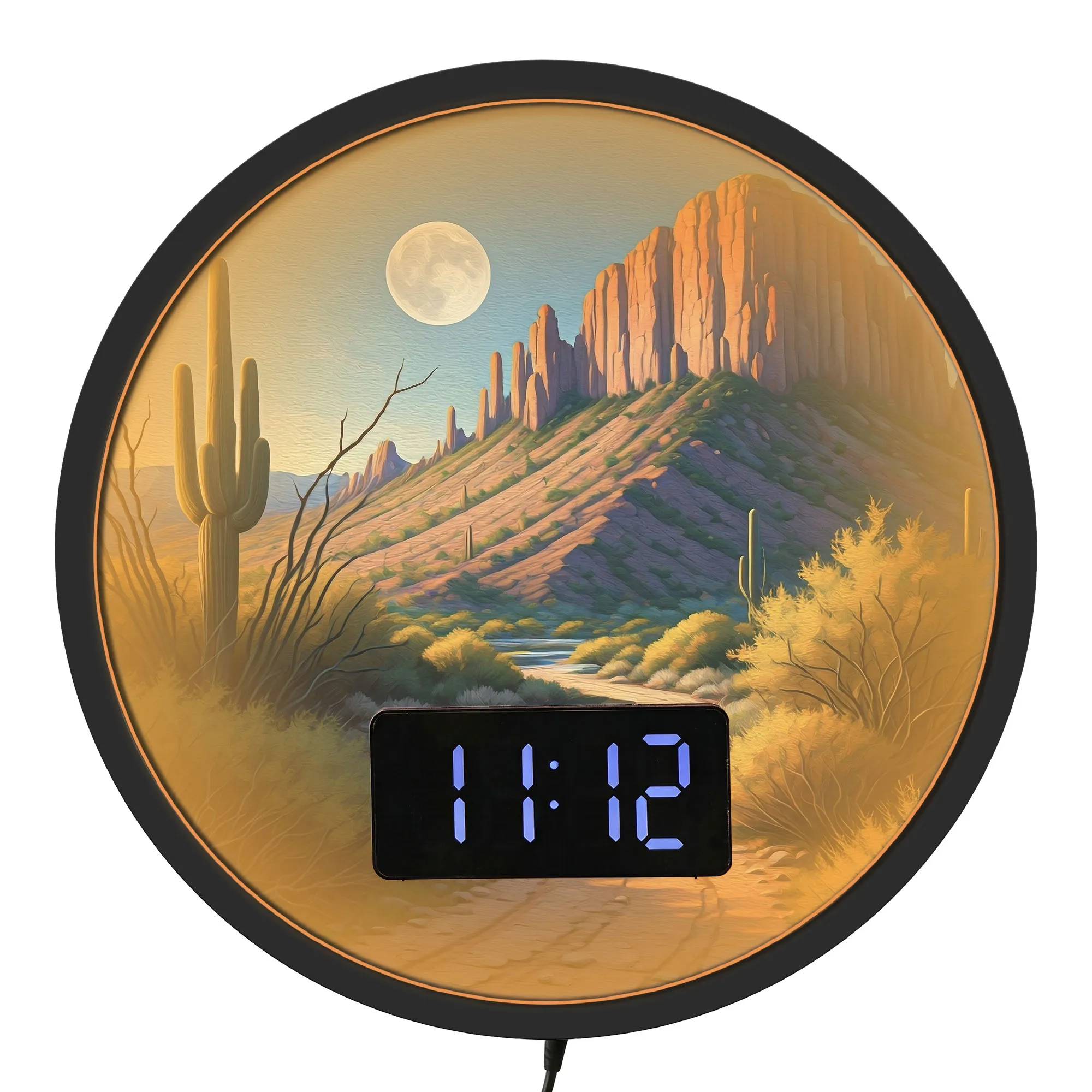 Desert Saguaro Cactus Mountain Landscape Digital Wall Clock with LED Light Temperature Calendar Date Alarm Snooze 12/24hr Format