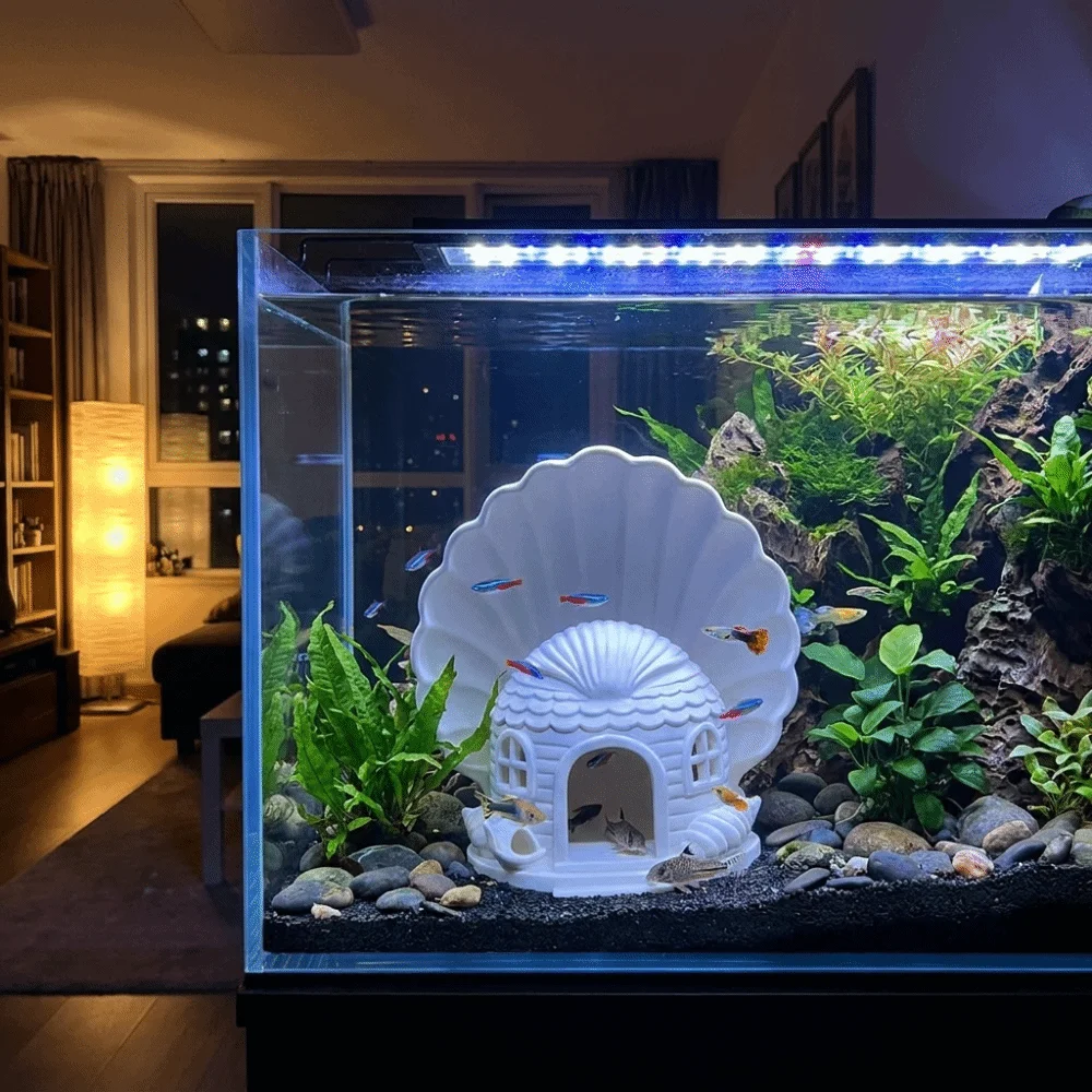 3D Printed Fish Hiding House Seashell Shaped Plastic Aquarium Cave Ornament Natural Look Breathable Betta Shelter