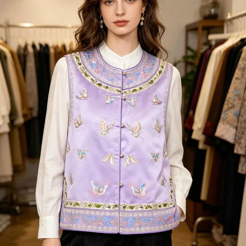 

Chinese Style Tangsuit Clothes Heavy Workmanship Butterfly Embroider Vest Sleeveless Chesongam Top Lady Elegant Hanfu Coat
