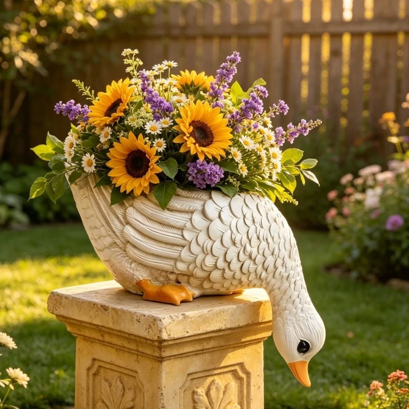 Duck Pot Resin White Animal Flower Holder for Small Flower Arrangements, Textured Display Piece for Balcony Entryway Window 37JD