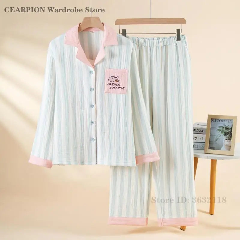 

Толстая хлопково-марлевая одежда для сна, домашняя одежда для женщин, весенне-осенняя полосатая ночная рубашка с героями мультфильмов, брючный пижамный комплект с длинными рукавами