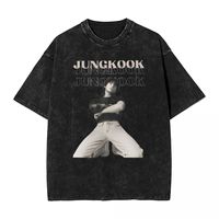 Jungkooks Vintage Washed T Shirt Male Korean Pop Y2K Fun Cotton T Shirts Beach O-Neck Hippie Tee Shirt Print Big Size Tops
