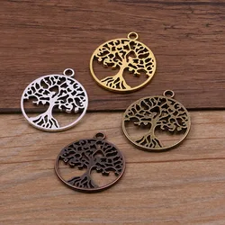 10PCS 25*29mm Metal Alloy 4 Color Round Hollow Tree Charms Plant Pendants For DIY Necklace Bracelet Jewelry Making Findings