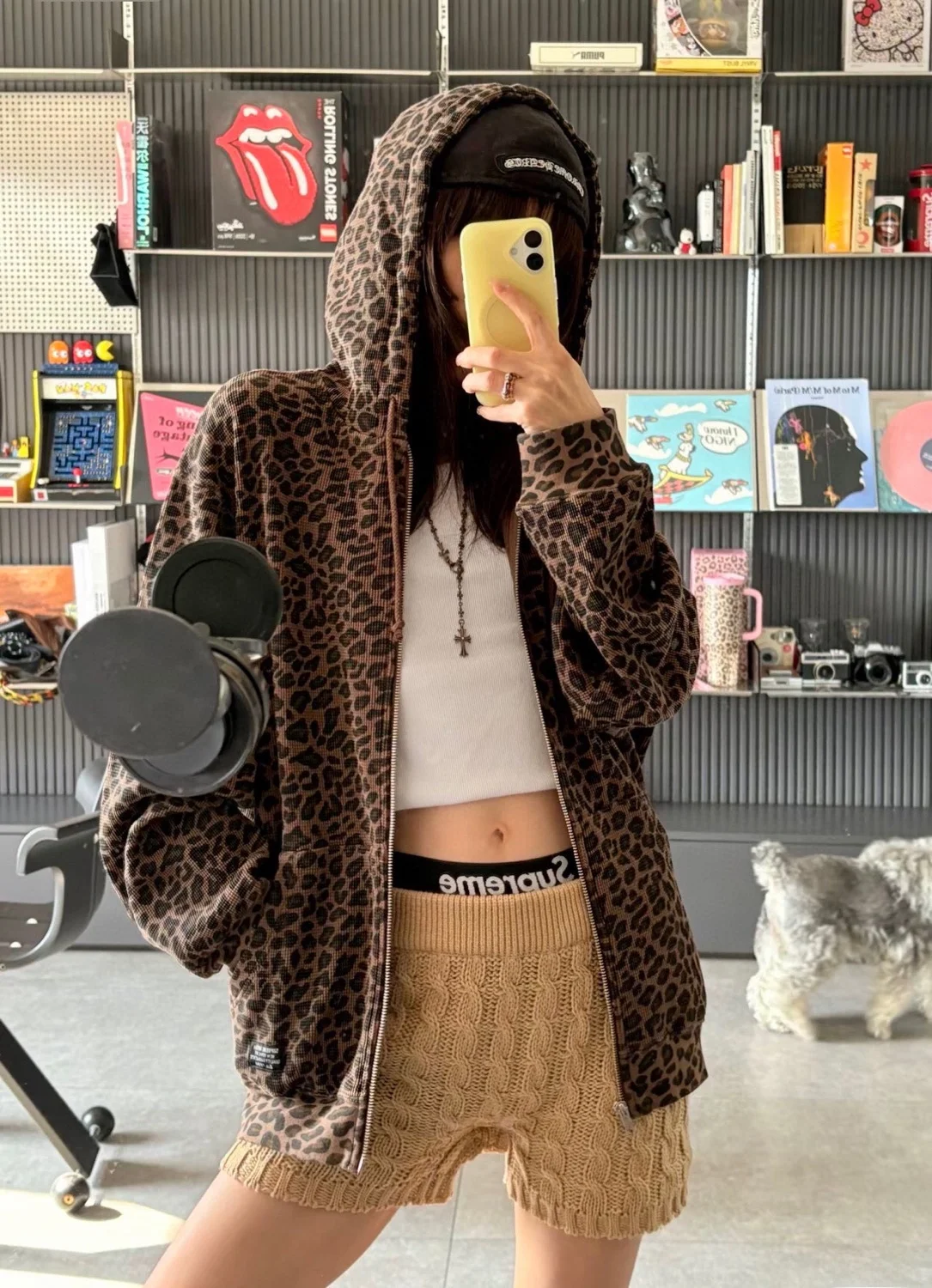 Unisex Organic Cotton Long Sleeve Hooded Zip up Thermal Checkered Leopard Print Jacket for Youth Casual Wear Spring Autumn