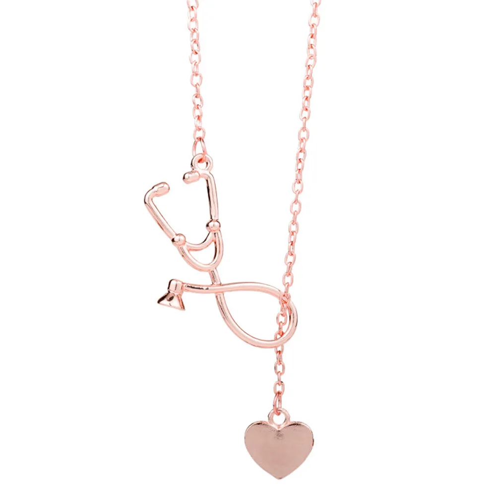 Stethoscope Heart Pendant Necklace Women Alloy Anti Allergy Simple Fashionable Jewelry Gift Idea for Her on Holidays Birthdays