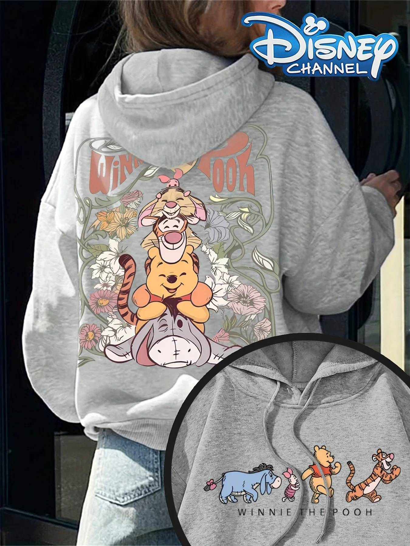 디즈니 여성용 후드티 위니 푸우와 친구들 꽃무늬 만화 프린트 그레이 겨울 따뜻한 양털 풀오버 후드티 여성용