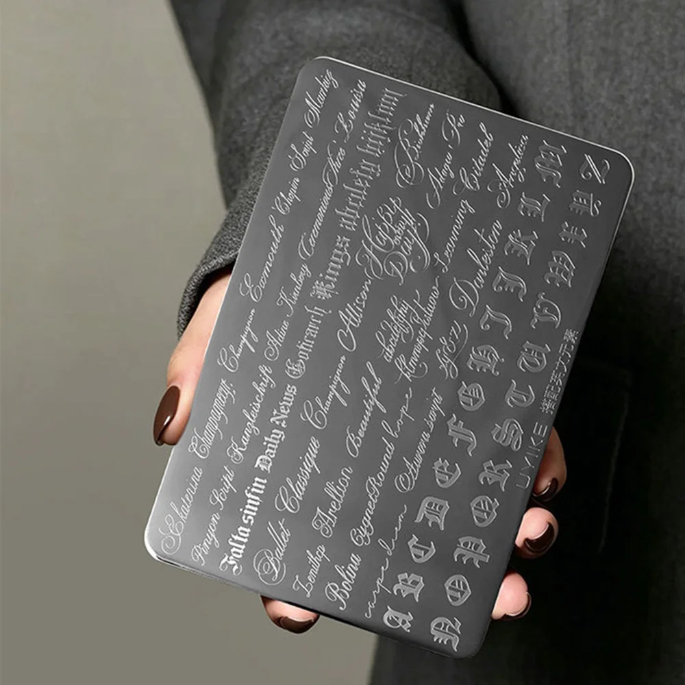 Nail Art Stamping Plate with Gothic Cursive Letters Retro English Text Transfer Template Stainless Steel Manicure Stencil Lace
