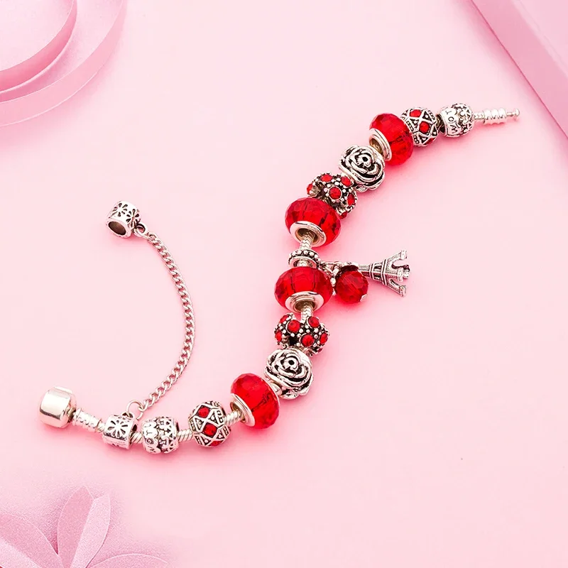 Elegant Red Crystal Women\'s Bracelet with Charm Silver Color Eiffel Tower Flower Bead Bracelet Valentine\'s Wedding Gift