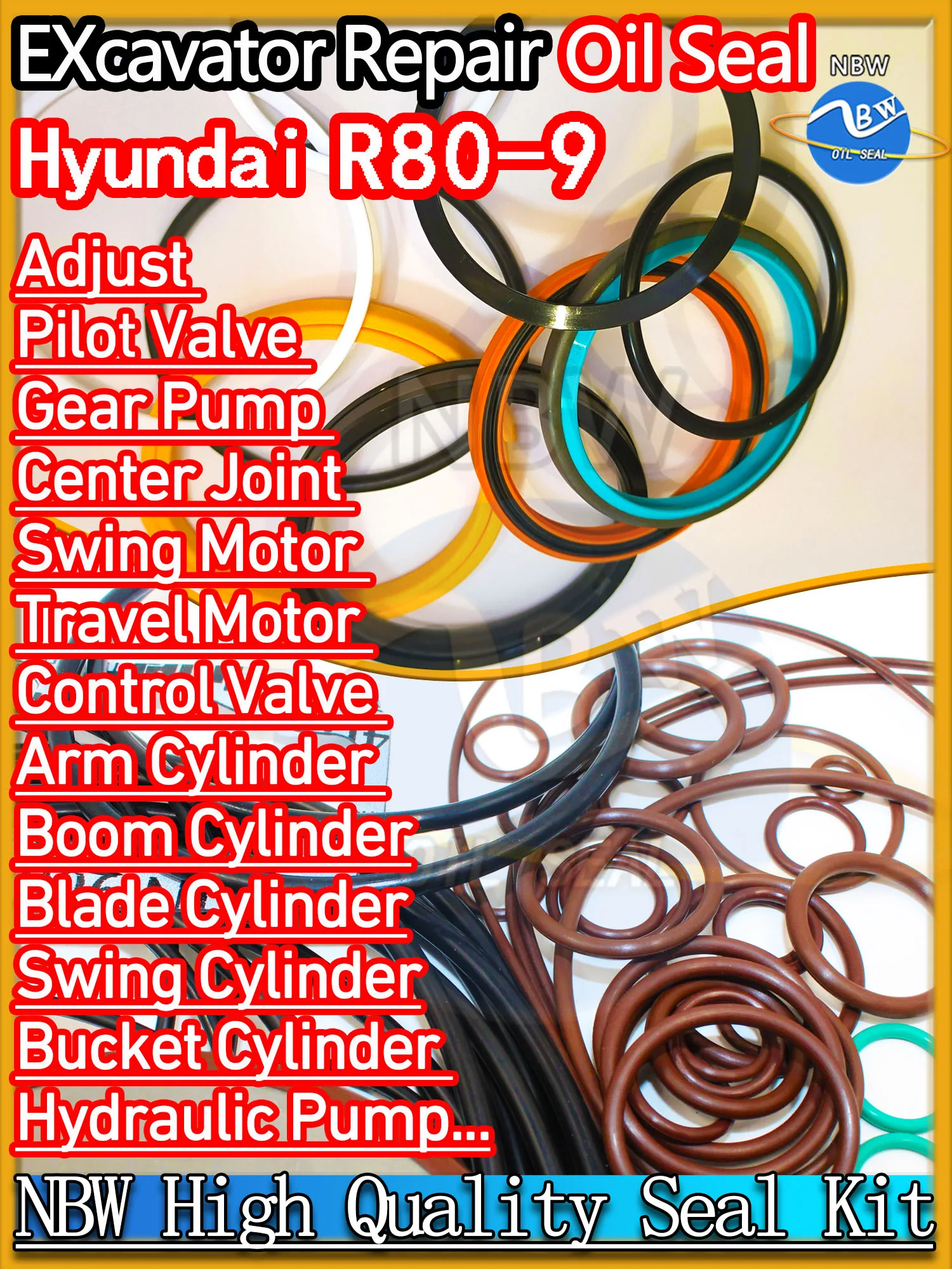 

For Hyundai R80-9 Excavator Oil Seal Kit High Quality Repair R80 9 Bushing Control Pilot Valve Blade TRAVEL Joystick Engine BOOM