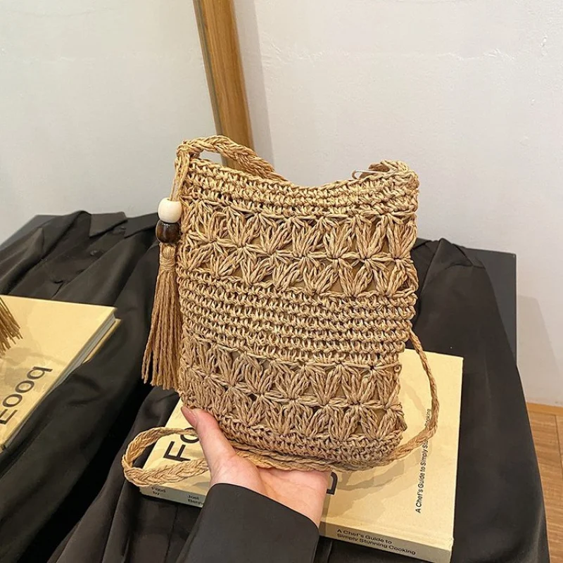 

Straw Bag with Drawstring, One Size2025Spring Women's Crossbody Bag with Stitching