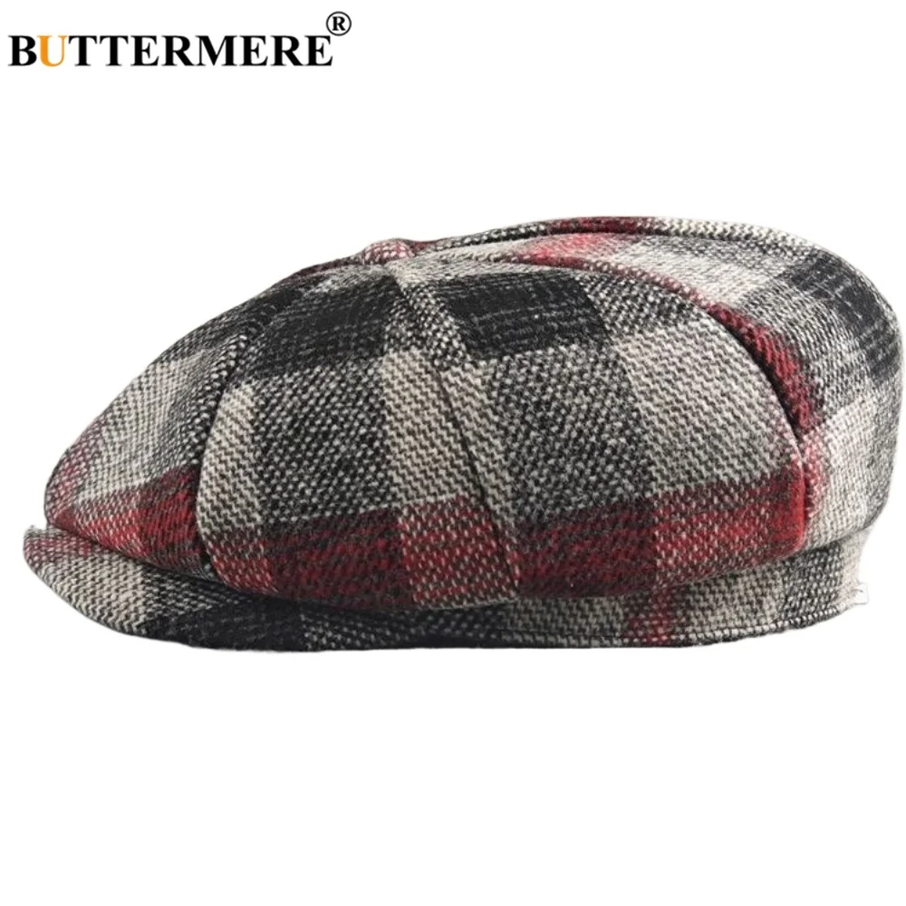 

BUTTERMERE Brand Plaid Wool Newsboy Cap Men Red Gray Grid Vintage Tweed Woolen Octagonal Cap Male British Style Flat Caps Beret