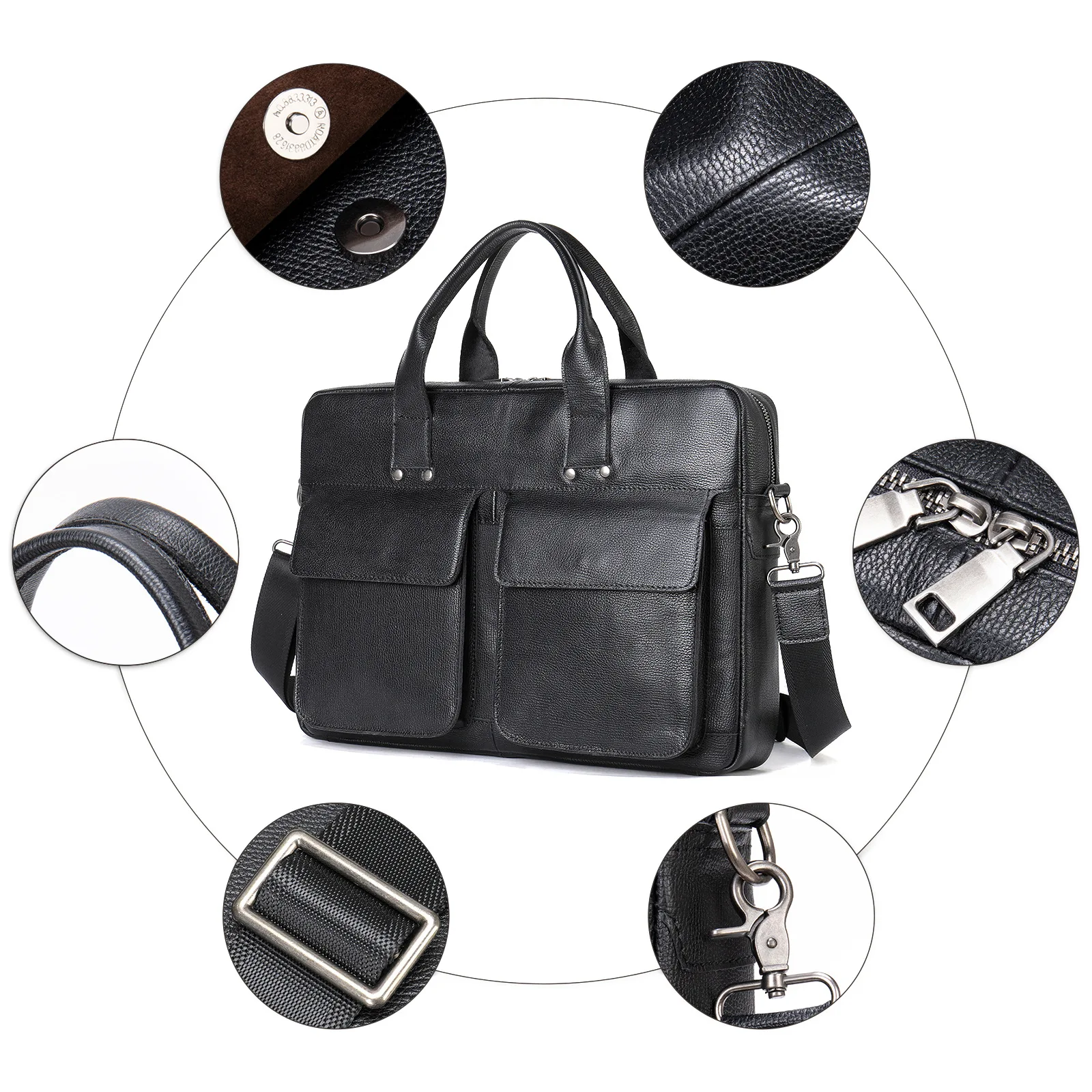 Pure Cowhide Leather Men Briefcase Business 15.6-inch Computer Pocket Handbags Retro Black Portable Shoulder Messenger Bags