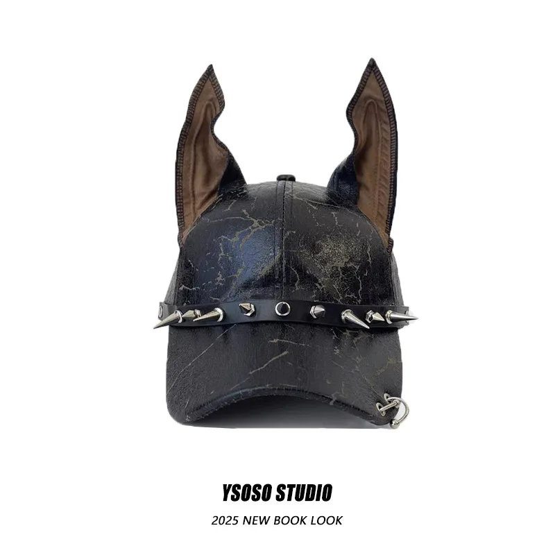 Y2K Leather Punk Baseball Cap with Dog Ear Detail - Unisex Metal Rivet Snapback Hat for Women Men Streetwear Fashion