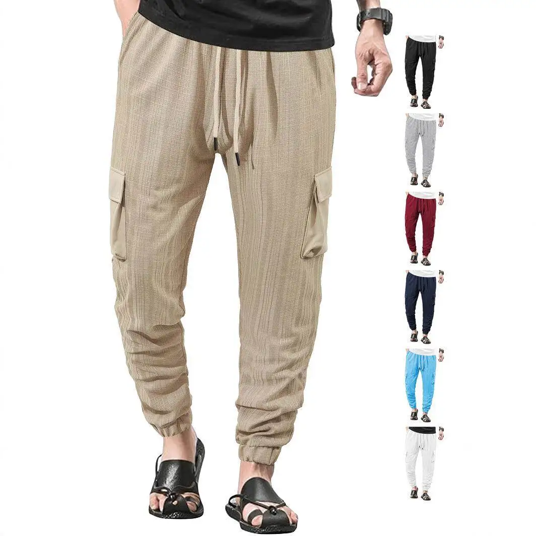 Men's Summer Thin Loose Breathable Micro Elastic Rope Tie Linen Casual Pants Workwear Pants Straight Leg Loose Fit Khaki Plaid
