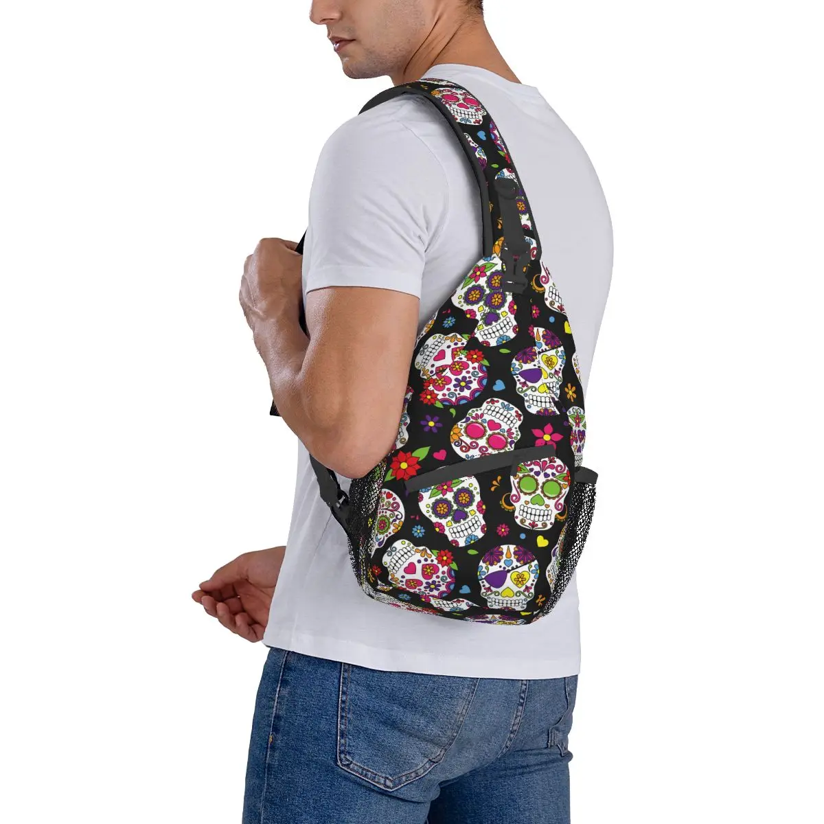 Day Of The Dead Sugar Skull Small Sling Bag Chest Crossbody Shoulder Backpack Outdoor Sports Daypacks Skeleton Printed Satchel