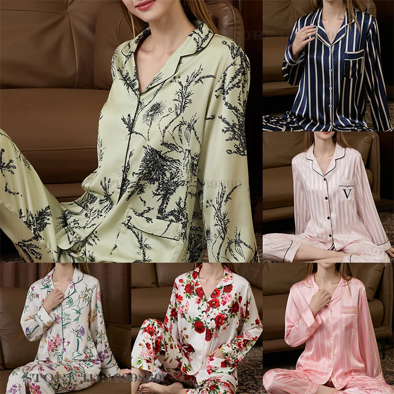 

Print Floral Long Sleeve Pajamas Trouser Suits Spring Autumn New Ice Silk Sleepwear Pijamas Set Loose Casual Homewear Loungewear