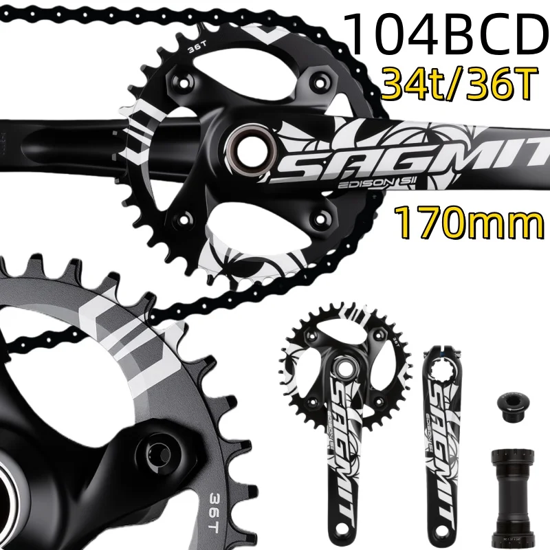 

104BCD 34T 36T Square Taper Crankset Black Chainring 170MM 7-12-speed Crank Hollow CNC Aluminum Alloy for Mtb Integrated Crank