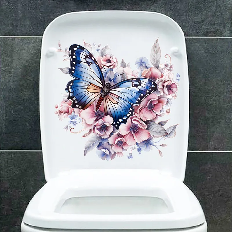 New Painted Pink Beautiful Flower Butterfly Sticker Bathroom Toilet Waterproof Toilet Lid Toilet Sticker