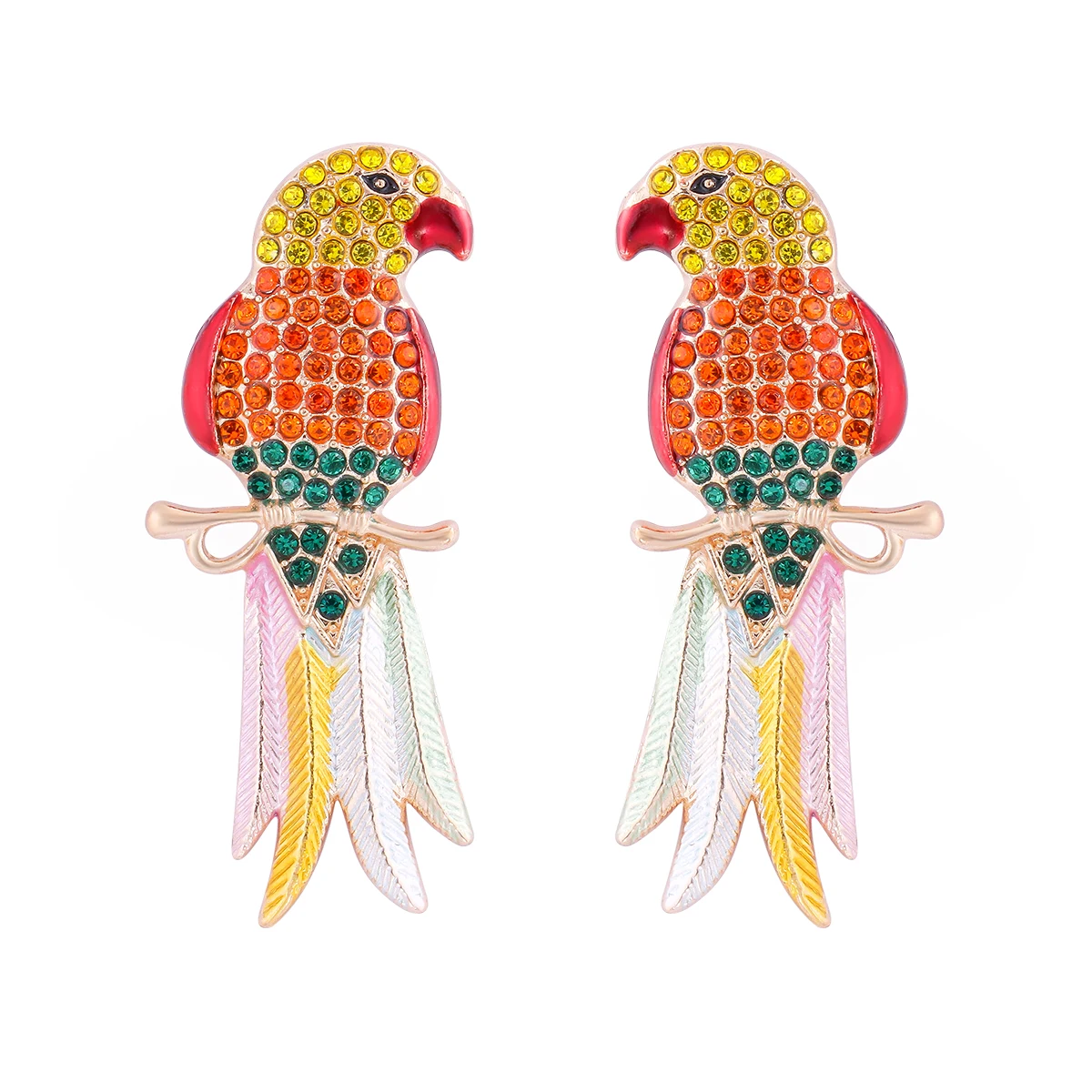 2024 New Design Exaggerated Colorful Parrot Dangle Earrings Shining Rainbow Rhinestone Bird Animal Earrings