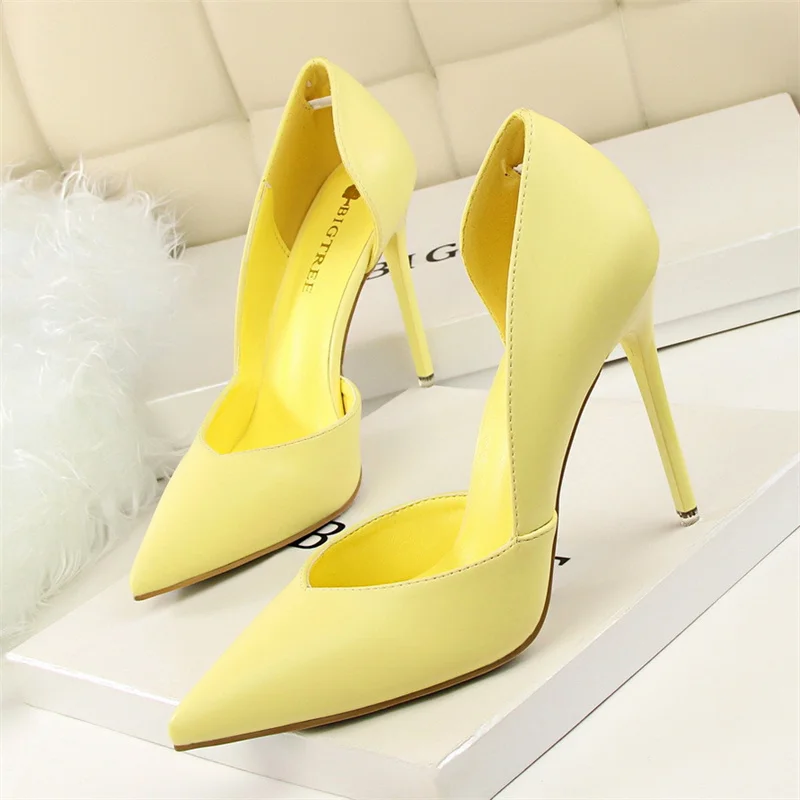 Women Pointed Shallow Mouth Side Hollow Thin High Heels Leather Shoes Elegant Sweet Pink Stiletto Wedding Party Shoes