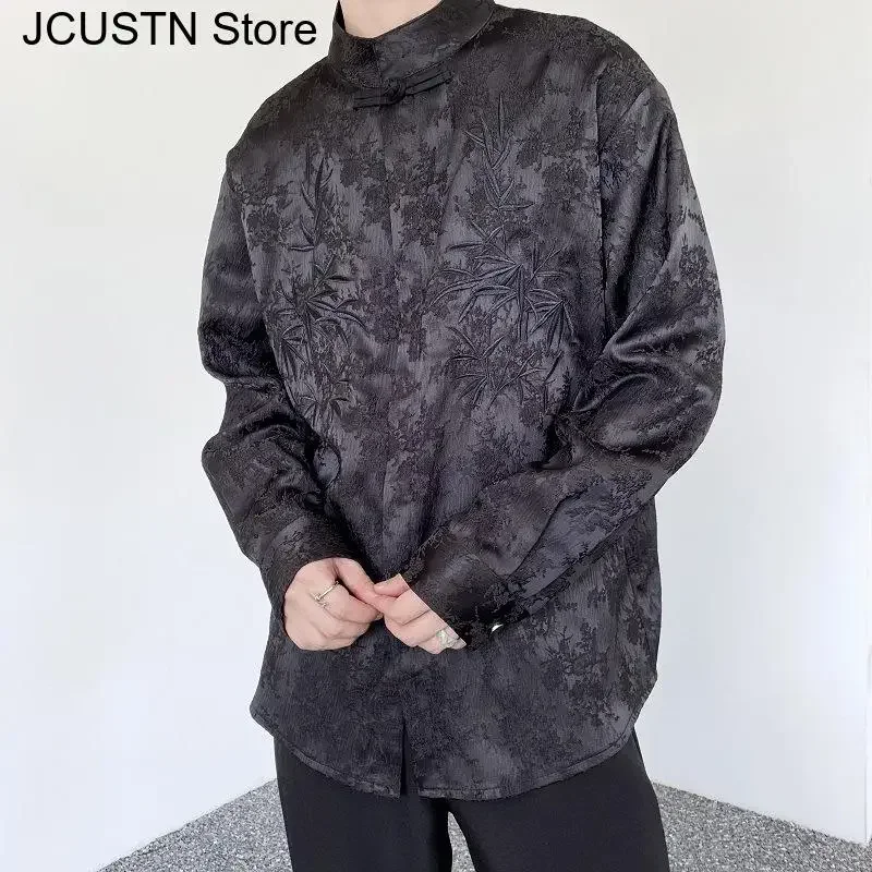 

Новый топ в китайском стиле с длинными рукавами, куртка Тан, топ с воротником-стойкой, одежда Тан, осенняя мужская мода, костюм Ханфу с вышивкой листьев